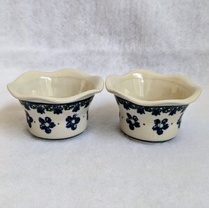 Polish Pottery Tealight Holders with Blue & Green Floral Design, Set of 2